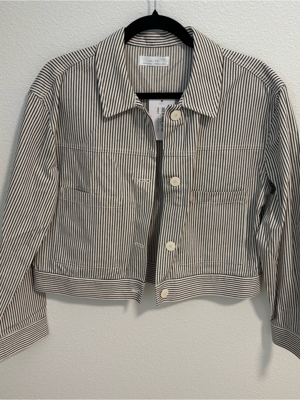 OAK + FORT Black & White Striped Cropped Button Jacket